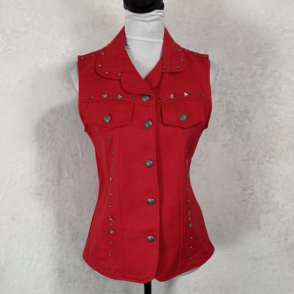 Vintage Red Embellished Vest Size Small Western Bling Studded Gem Biker Western - Picture 1 of 15